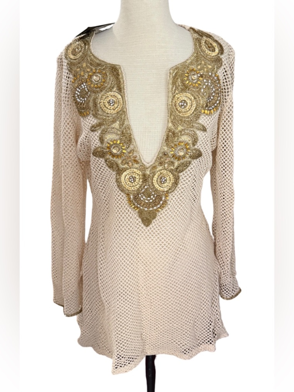 Fashion Nova Love Me One Time Taupe Crochet Beaded Cover Up Dress Size M NWT